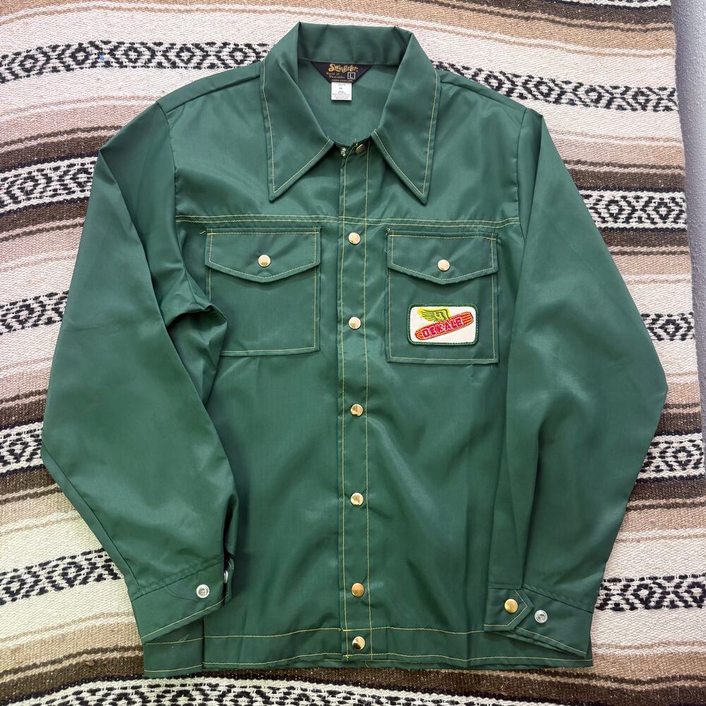 Vintage 80's Swingster Green Dekalb Seed Farmer Shacket Nylon Snap Jacket Sz L